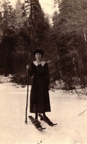 late-Spring 1917 - Frieda Petersen uses skis to get into Philbrook valley